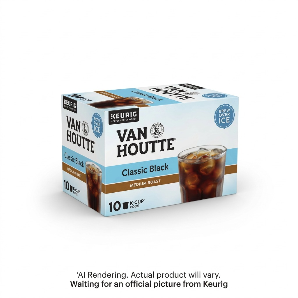 Van Houtte Classic Black Medium Roast coffee 10-pack of K-Cup pods for Keurig, blue and white box.