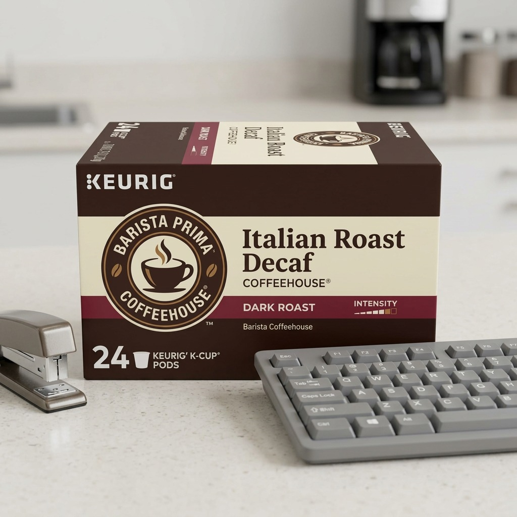 A 24-count box of Barista Prima Italian Roast Decaf K-Cups on a desk beside a stapler and keyboard.
