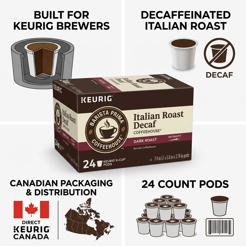 Infographic for Barista Prima Italian Roast Decaf 24-count K-Cups showcasing Keurig compatibility.
