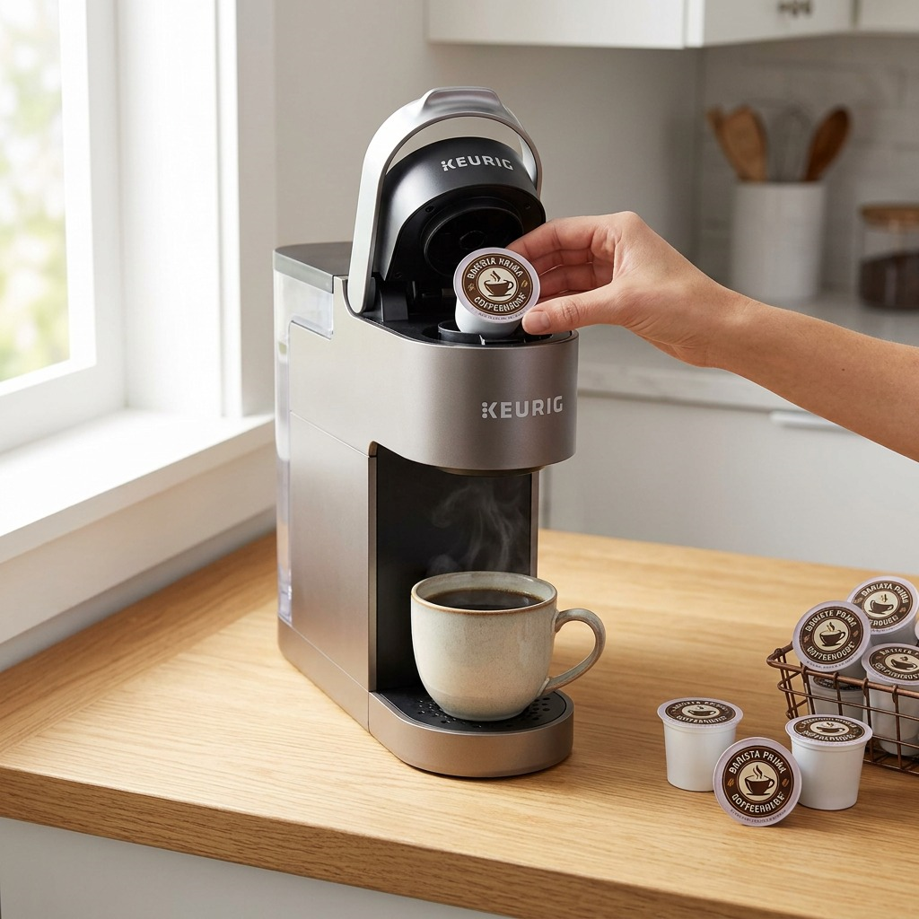Hand placing a Barista Prima Italian Roast Decaf K-Cup into a Keurig brewer on a kitchen counter.