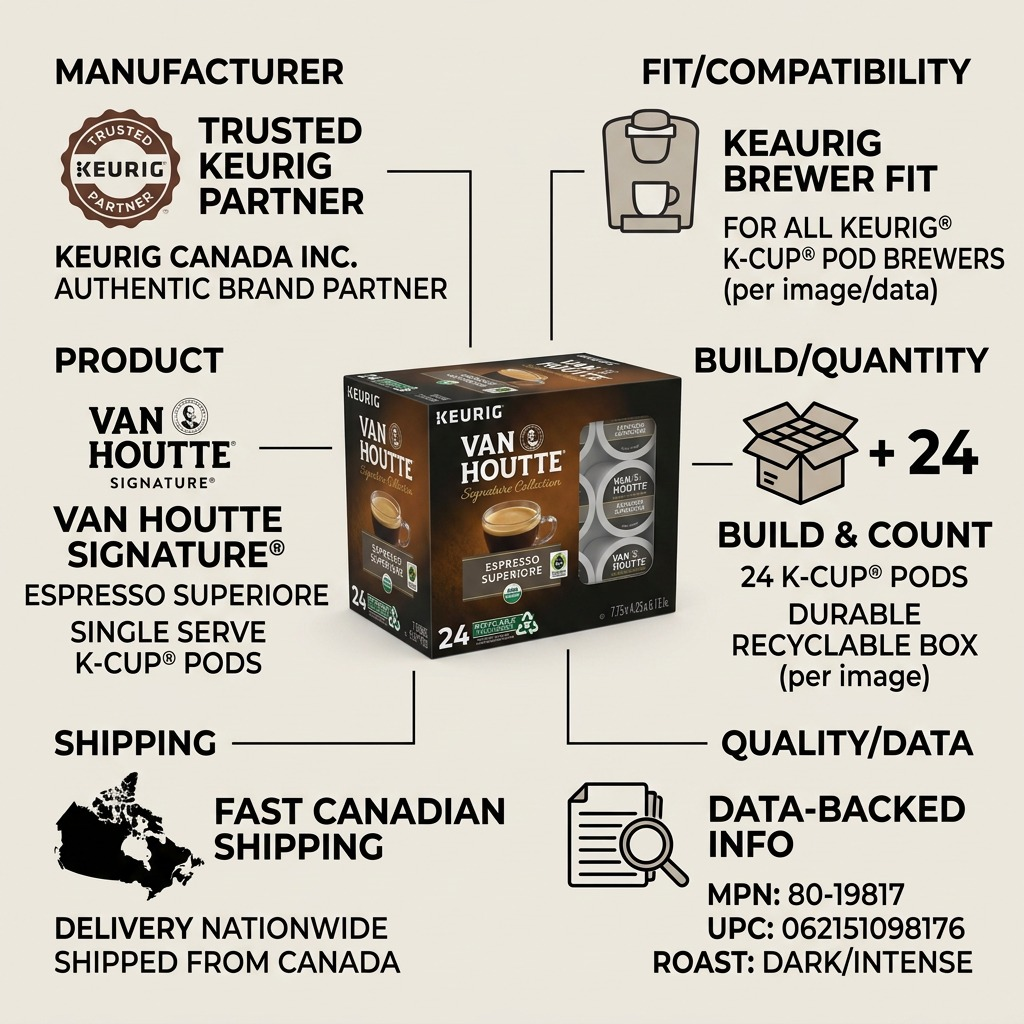 Van Houtte Espresso Superiore K-Cup 24-pack infographic highlighting Keurig fit and fast Canadian shipping.