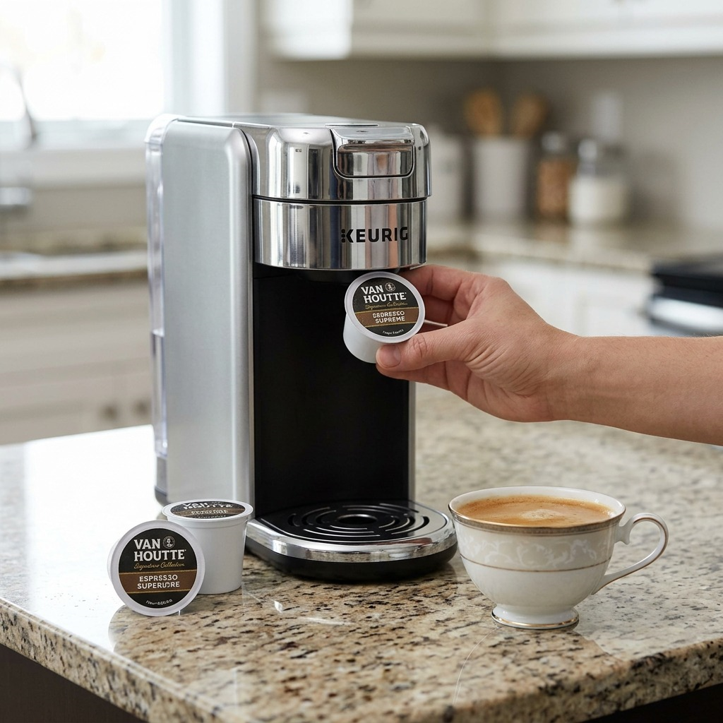 Person inserting a Van Houtte Espresso Superiore K-Cup pod into a Keurig brewer in a kitchen.