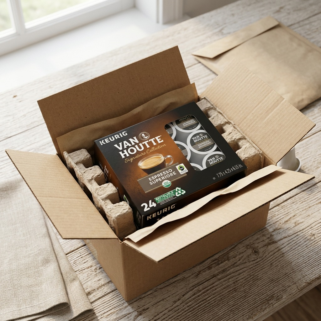 Van Houtte Espresso Superiore 24-count box inside a protective shipping carton with buffer inserts.