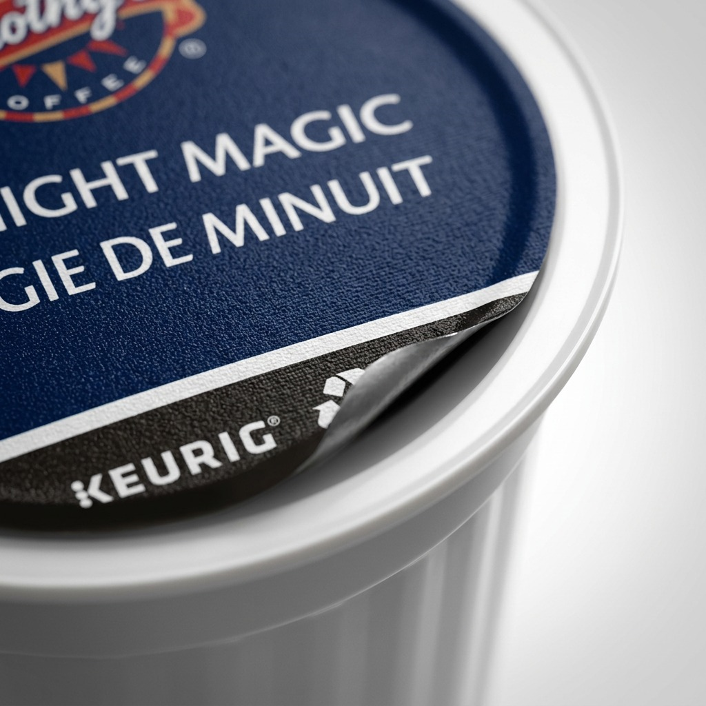 Extreme close-up of a Timothy's Midnight Magic K-Cup lid texture, showing the Keurig logo and seal.