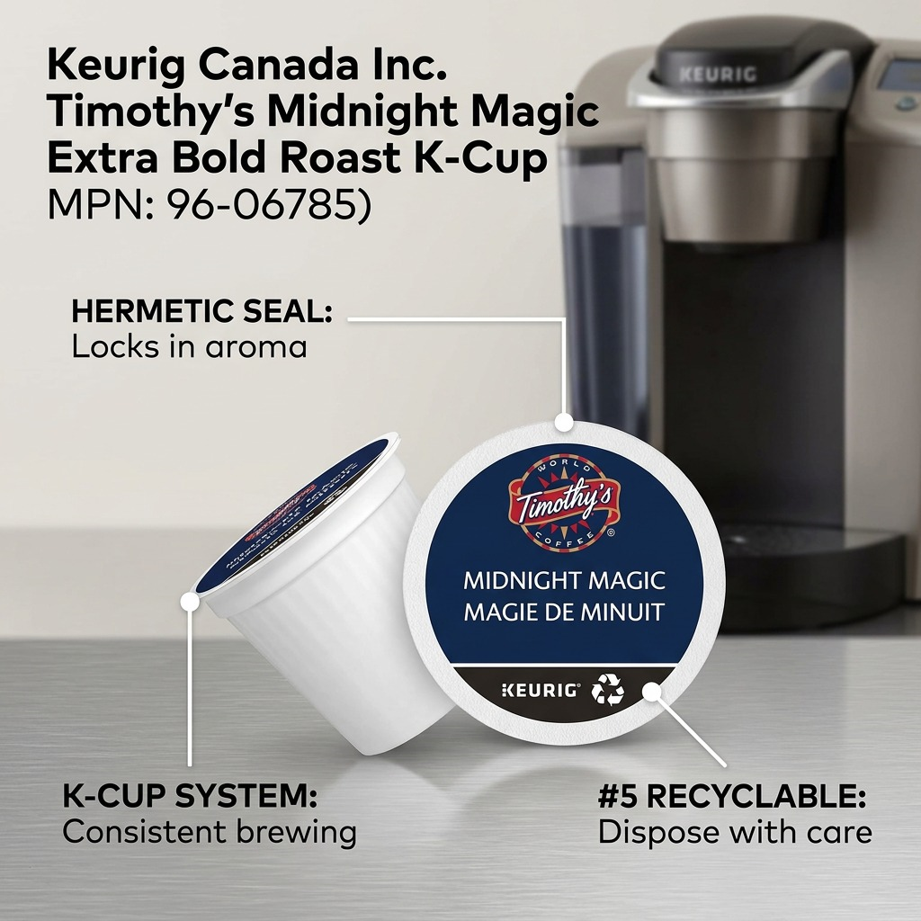 Timothy's Midnight Magic K-Cups feature callout highlighting hermetic seal and recyclable pods.