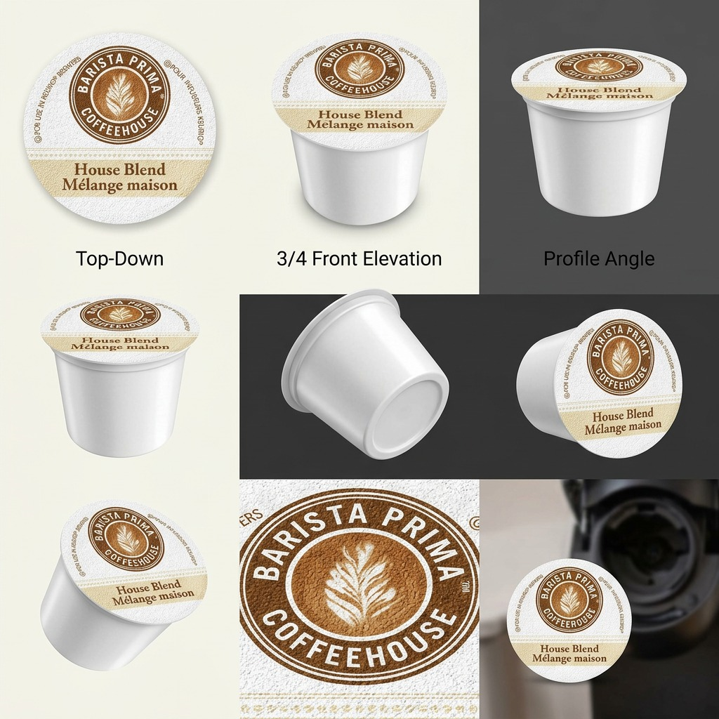 A matrix of Barista Prima Coffeehouse K-Cups shown from top, side, and bottom angles in a grid.