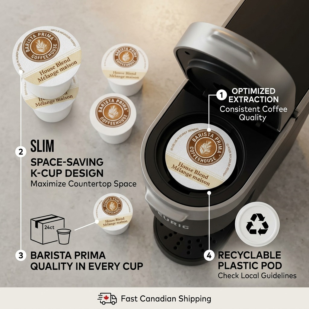 Barista Prima K-Cup in a Keurig machine highlighting optimized extraction and recyclable design.