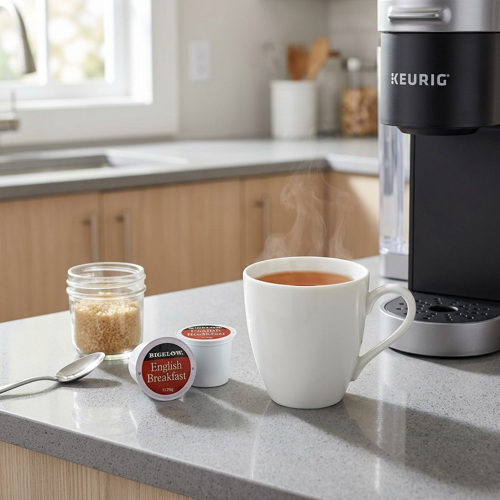 Bigelow English Breakfast tea K-Cups on a kitchen counter next to a steaming mug and Keurig brewer.