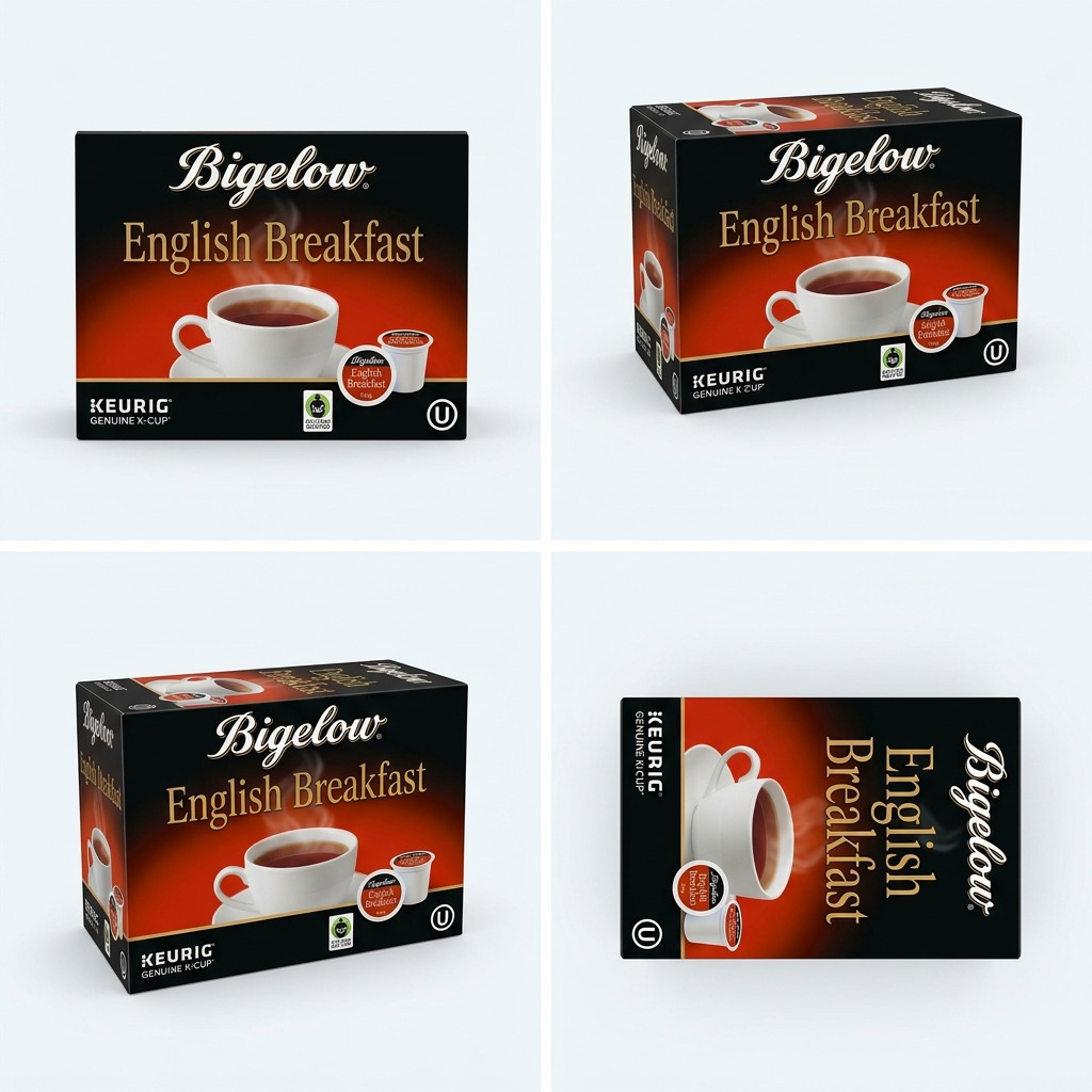 Four-way grid view of Bigelow English Breakfast Tea 24-count K-Cup boxes from multiple angles.