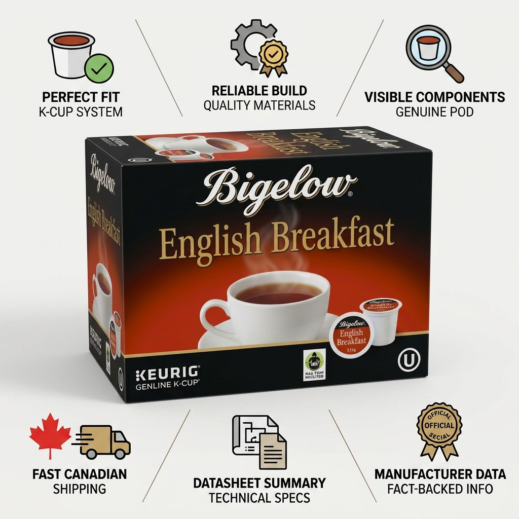 Infographic for Bigelow English Breakfast K-Cups showing quality build and fast Canadian shipping.