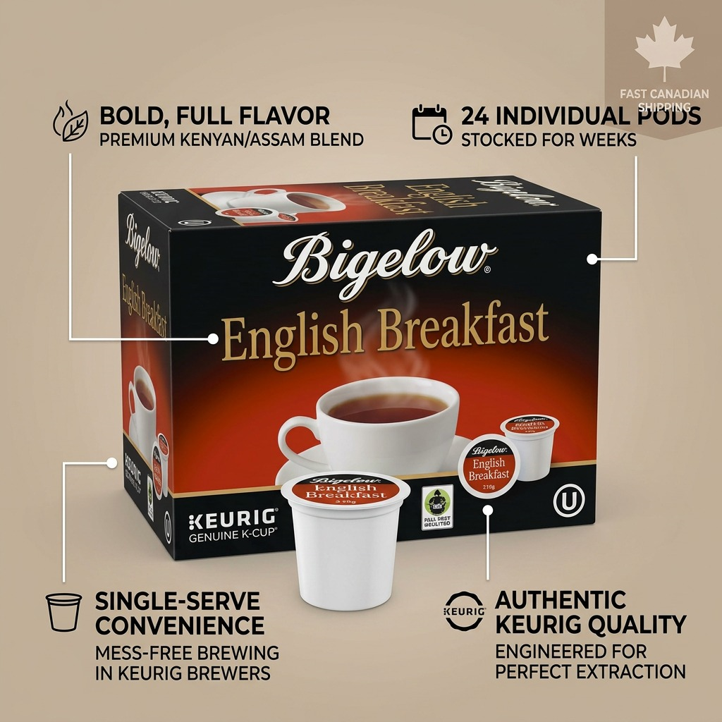 Bigelow English Breakfast Tea 24-count K-Cup box with feature callouts for bold flavor and quality.