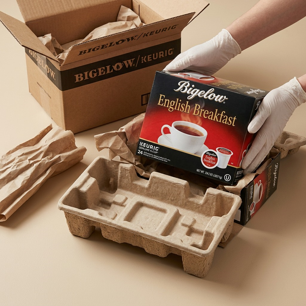 A 24-count box of Bigelow English Breakfast Tea K-Cups being unpacked from a secure shipping box.