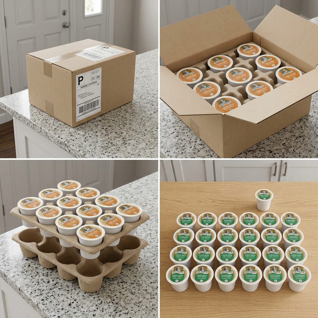 Secure delivery and unboxing of a 24-pack of Van Houtte Costa Rica Light Roast K-Cup coffee pods.