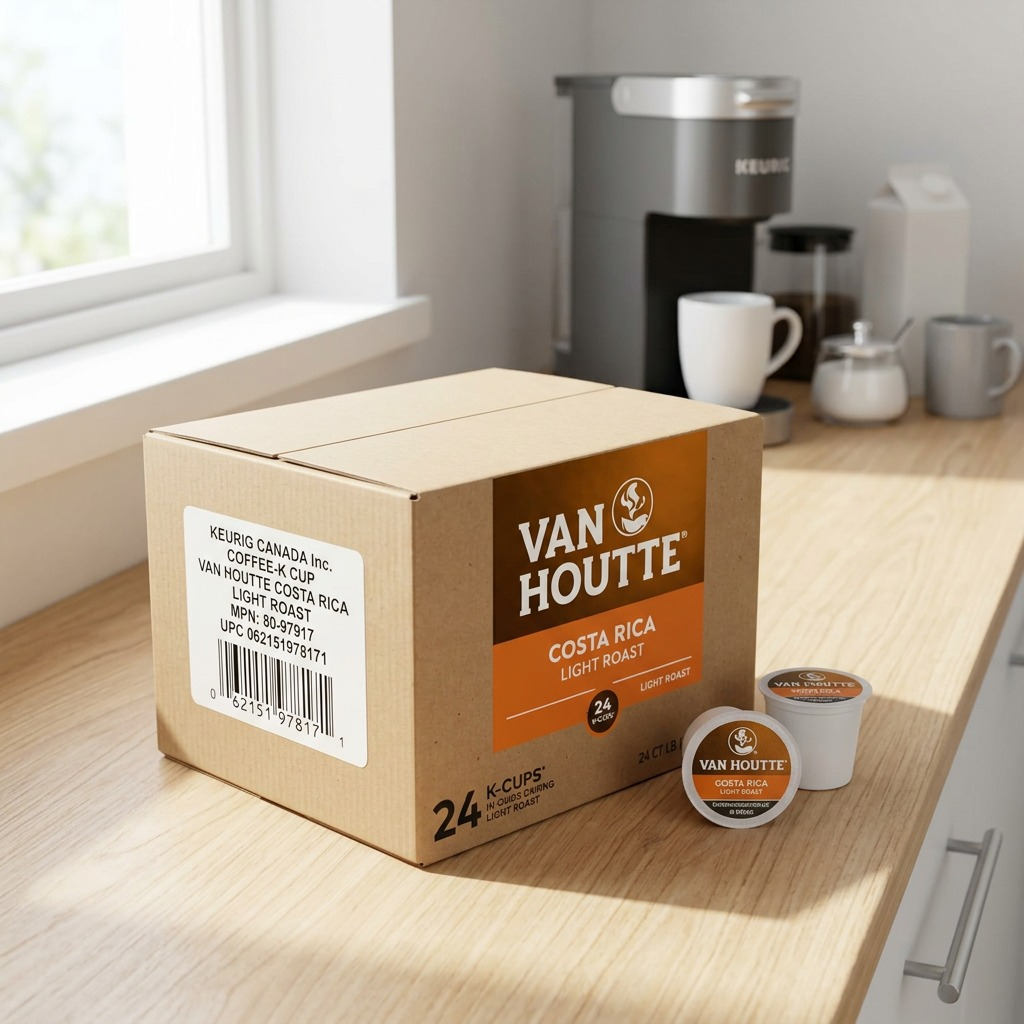 A 24-pack box and individual Van Houtte Costa Rica Light Roast K-Cups on a bright kitchen counter.