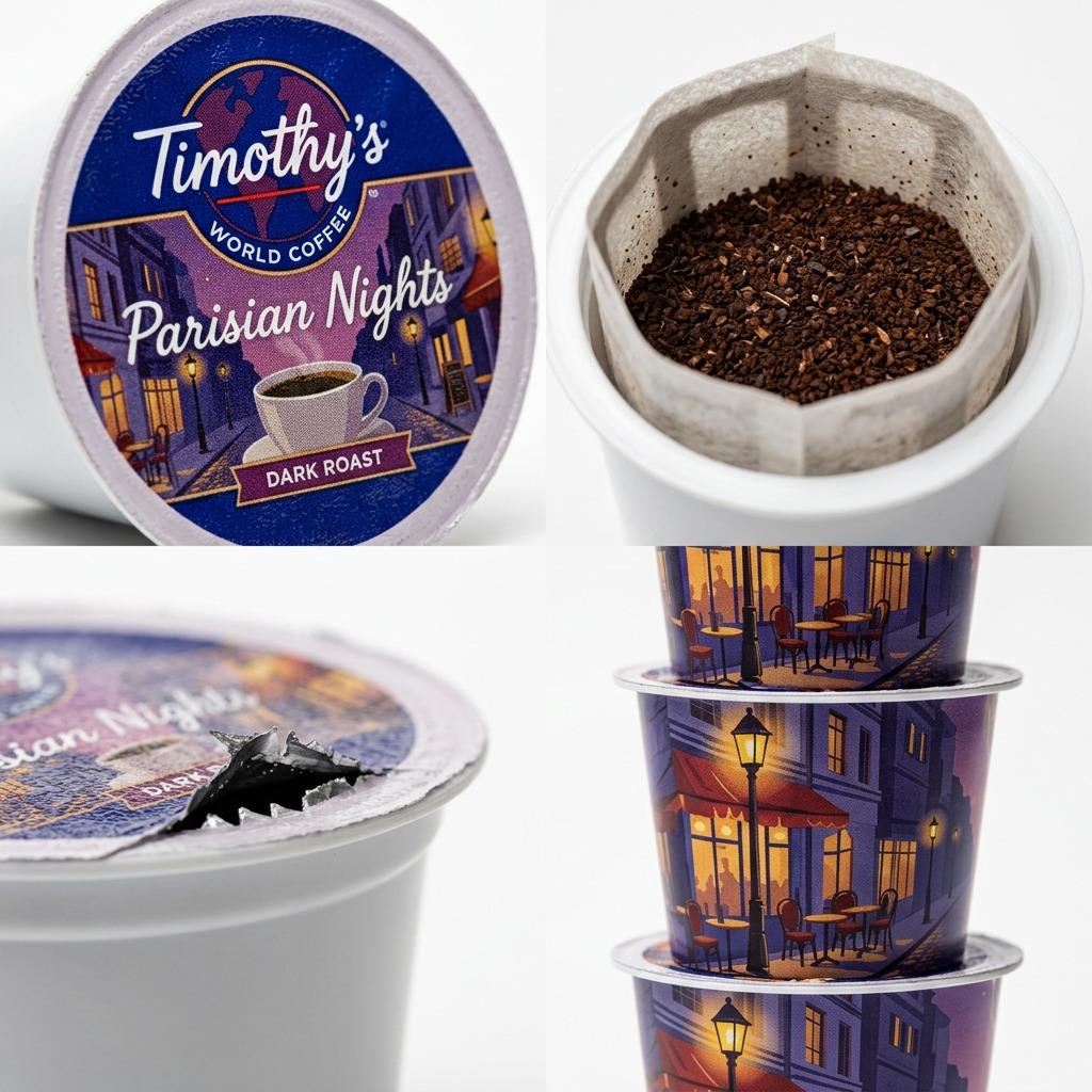 Macro detail of Timothy's Parisian Nights K-Cup pods, showing dark roast grounds and foil texture.