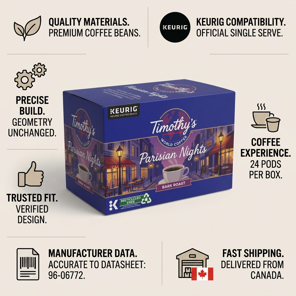 Timothy's Parisian Nights coffee box infographic highlighting Keurig compatibility and fast Canadian shipping.