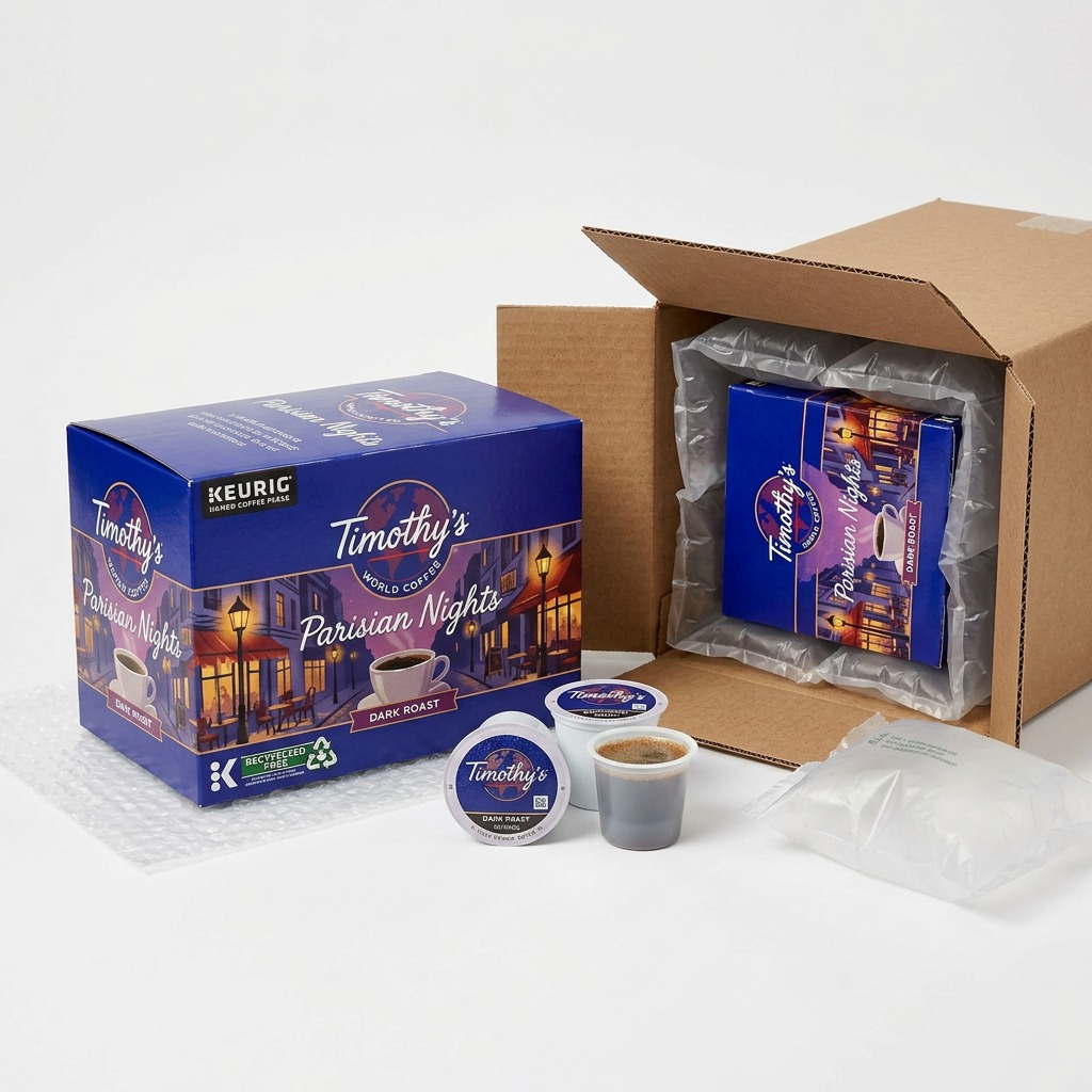 Timothy's Parisian Nights coffee pods box and unboxing scene with protective shipping air pillows.