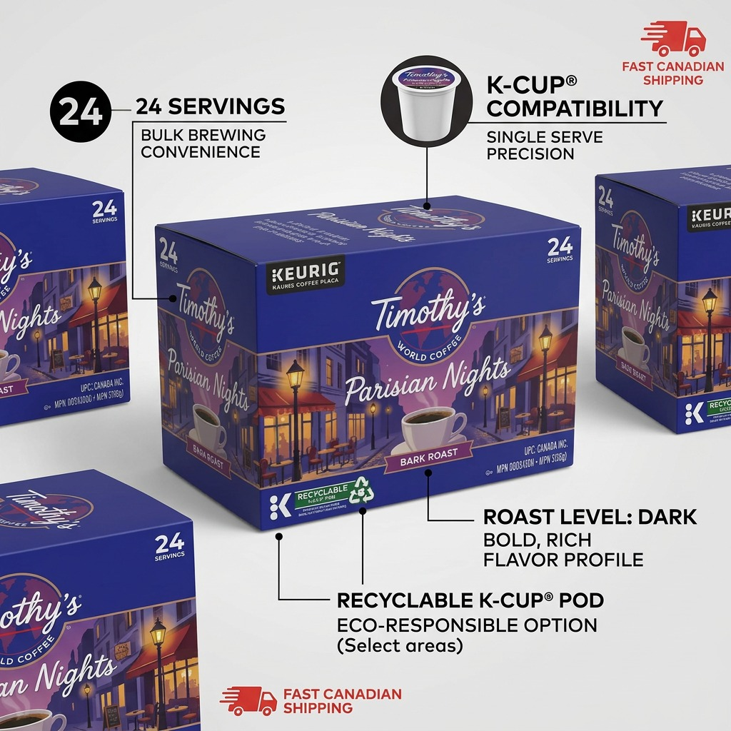 Feature graphic for Timothy's Parisian Nights coffee pods highlighting dark roast and recyclability.
