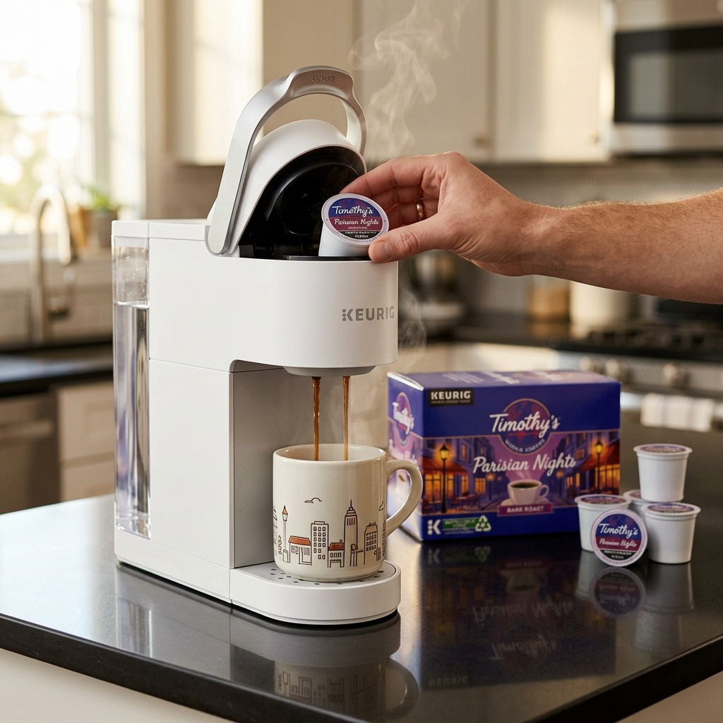 A person inserts a Timothy's Parisian Nights K-Cup into a white Keurig machine in a kitchen.