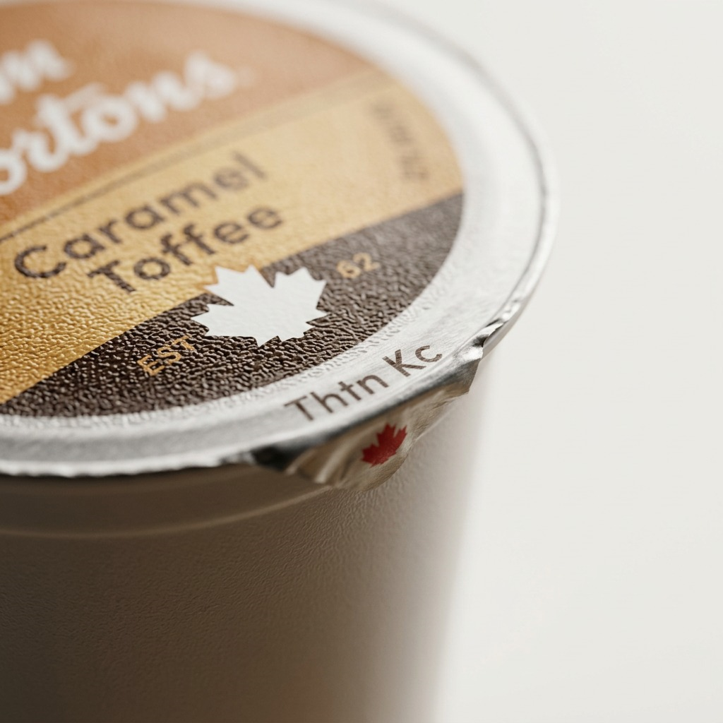 Macro close-up of a Tim Hortons Caramel Toffee K-Cup pod showing the foil seal and textured lid.