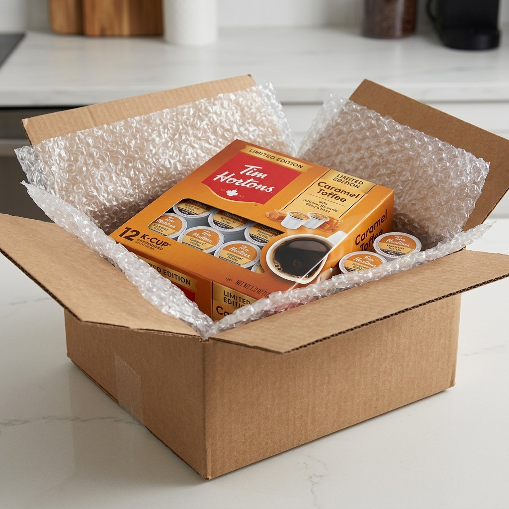 Tim Hortons Caramel Toffee 12-pack K-Cup pods securely packed in a shipping box with bubble wrap.
