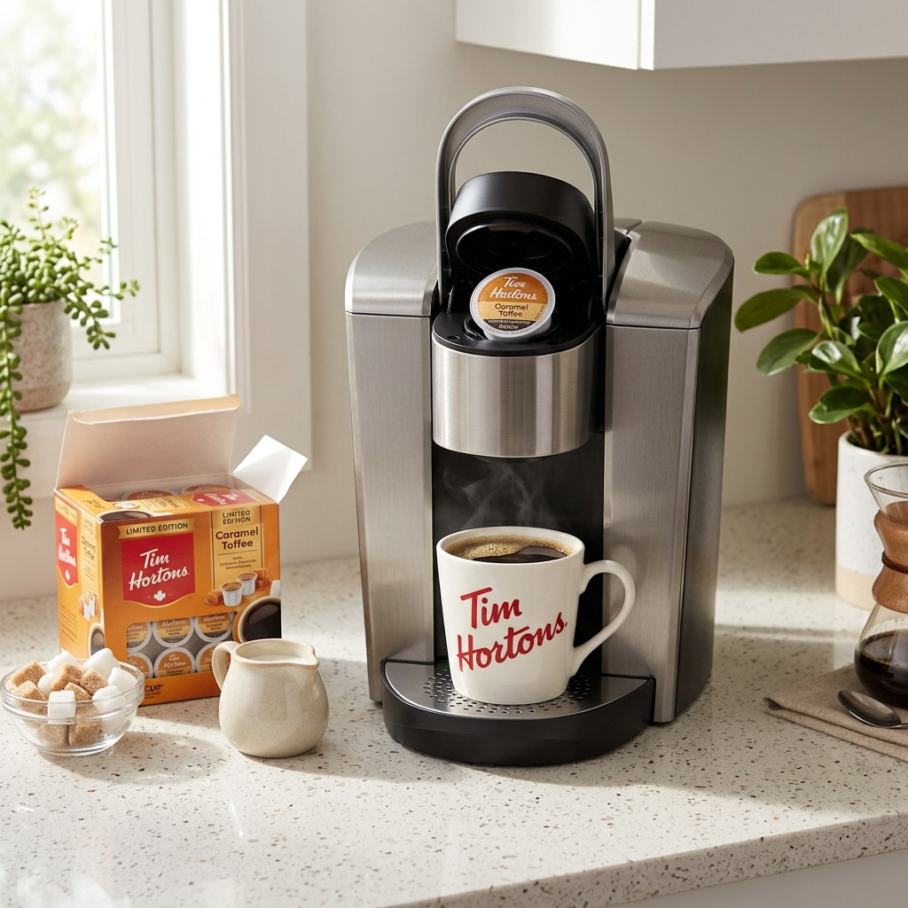 Tim Hortons Caramel Toffee K-Cup Pod being brewed in a Keurig machine next to a full coffee mug.