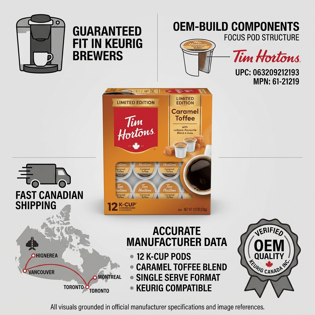 Infographic for Tim Hortons Caramel Toffee K-Cup pods showing Keurig compatibility and fast Canadian shipping.
