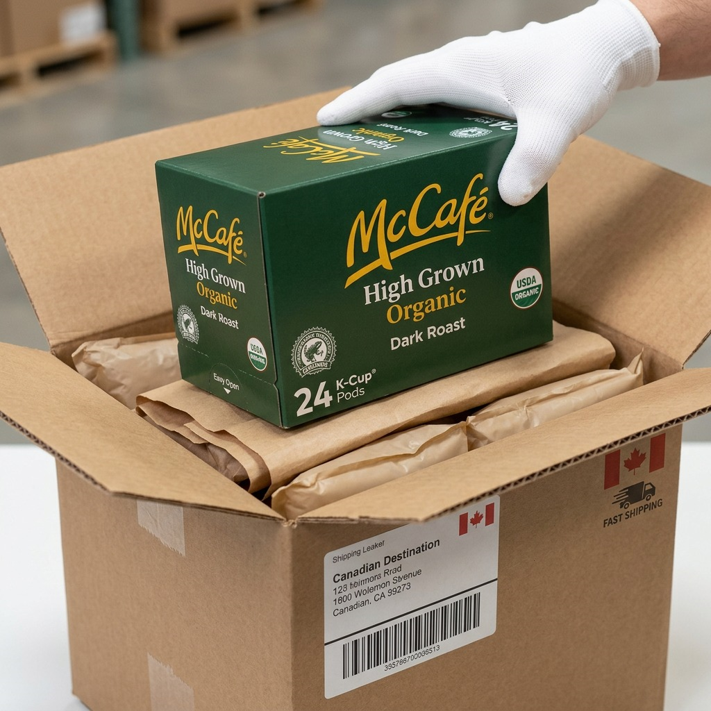 Hand in white glove placing a McCafé Organic Dark Roast 24-pack box into a secure shipping carton.