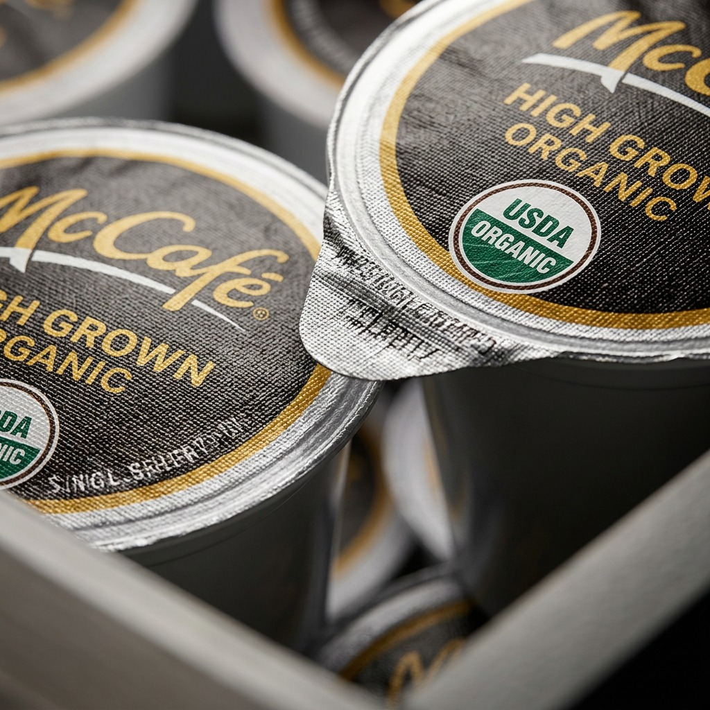 Macro close-up of McCafé High Grown Organic K-Cup pods showing the foil seal and USDA Organic logo.