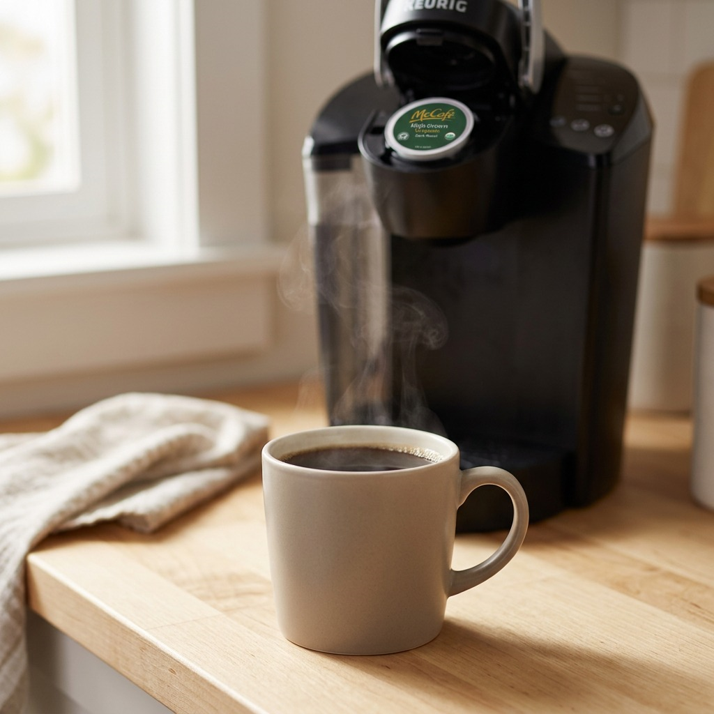 Steaming mug of McCafé High Grown Organic Dark Roast coffee next to a Keurig brewer on a wooden counter.