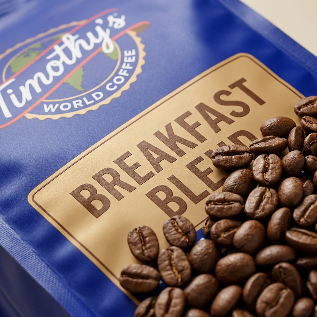 Macro detail of Timothy's Coffee Breakfast Blend whole beans resting on the blue product bag.