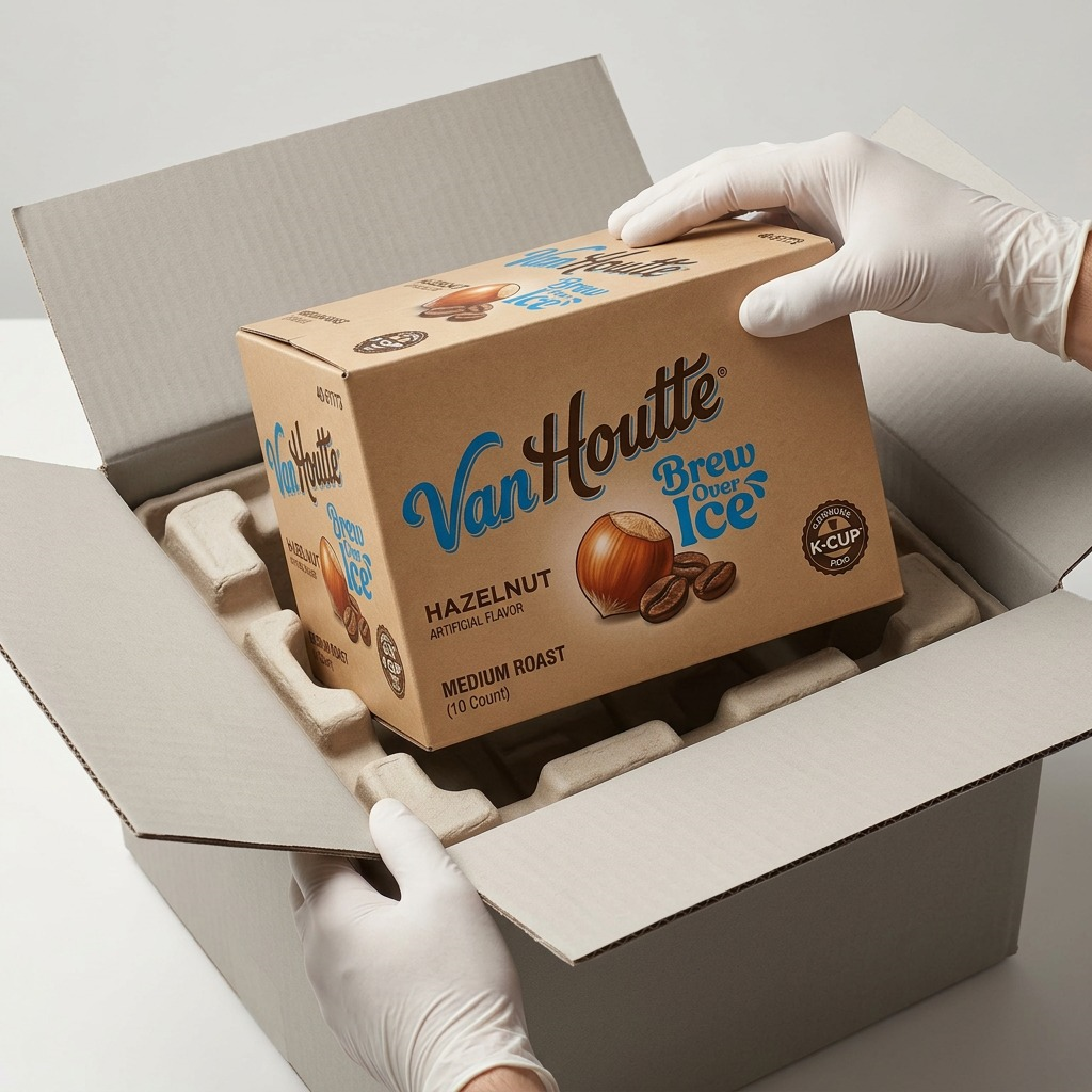 Van Houtte Hazelnut K-Cups in secure shipping box with protective inserts for safe delivery.