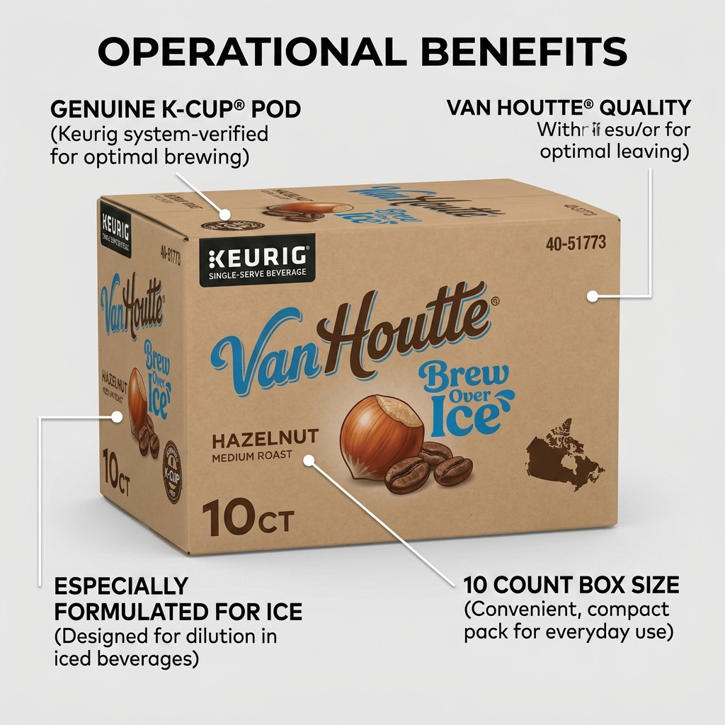 Van Houtte Hazelnut Brew Over Ice K-Cup 10-pack box with feature callouts for operational benefits.