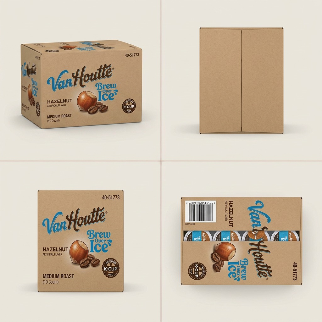 Four views of a 10-count box of Van Houtte Hazelnut Brew Over Ice K-Cup pods from different angles.