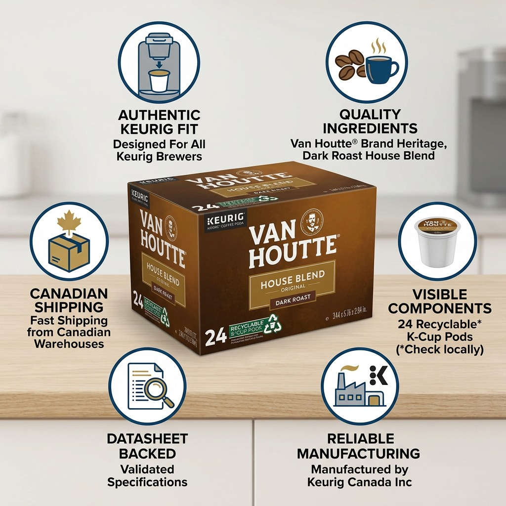 Van Houtte House Blend coffee infographic showing 24 recyclable K-Cup pods with shipping and fit icons.