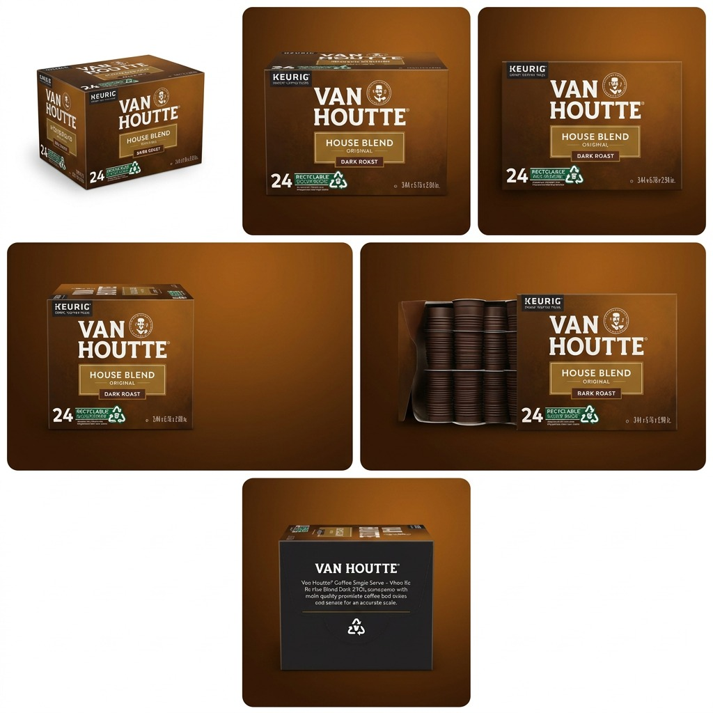 Grid showing Van Houtte House Blend Dark K-Cups from multiple angles and open 24-count packaging.
