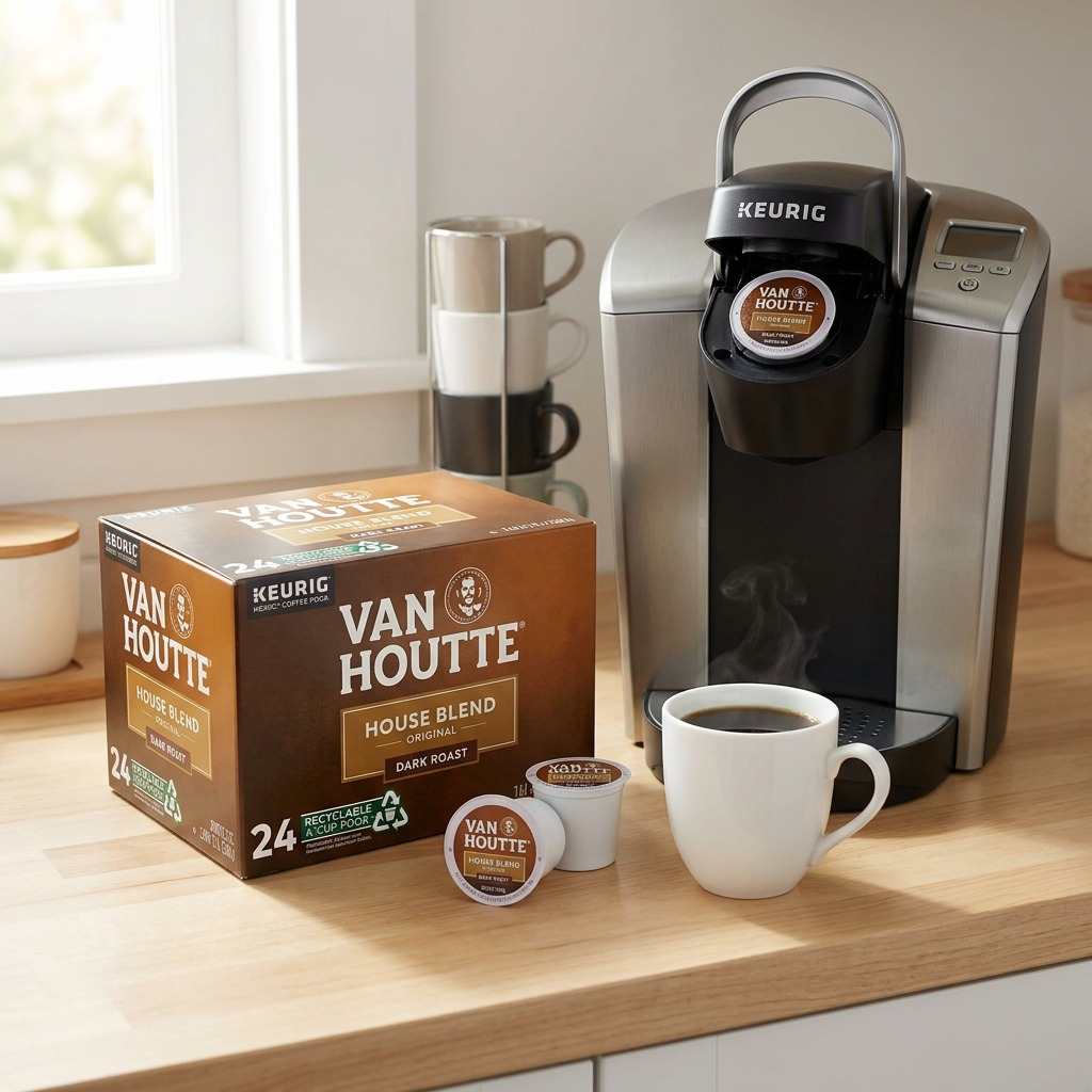 Van Houtte House Blend Dark K-Cups next to a Keurig machine with a steaming mug of fresh coffee.