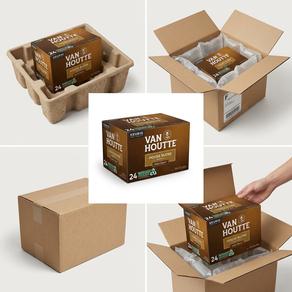Van Houtte House Blend coffee box securely packed in a shipping box with protective air cushions.
