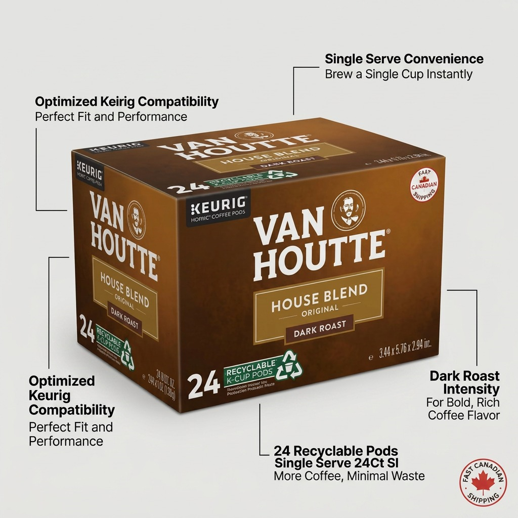 Van Houtte House Blend Dark K-Cup 24-pack with features: Keurig compatible, dark roast, recyclable.