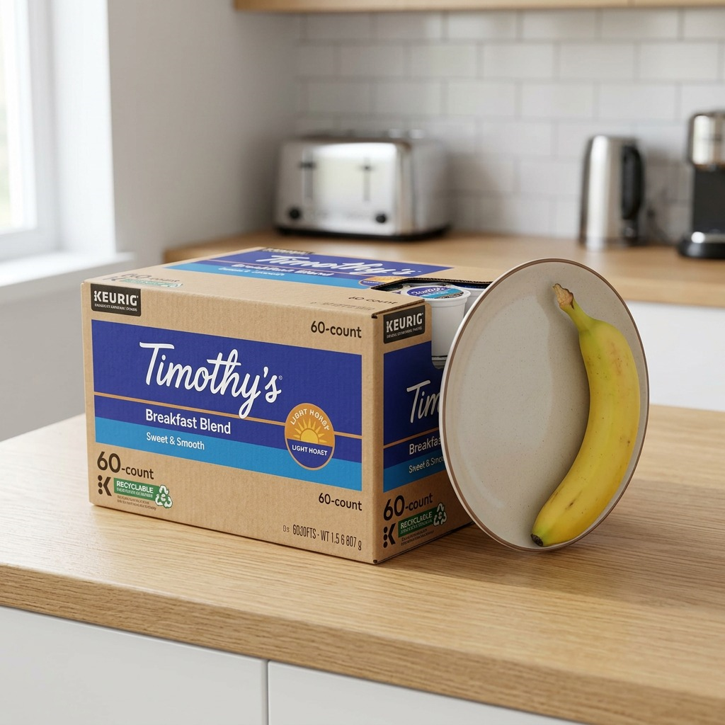Timothy's Breakfast Blend 60-count K-Cup box shown on a kitchen counter next to a banana for scale.