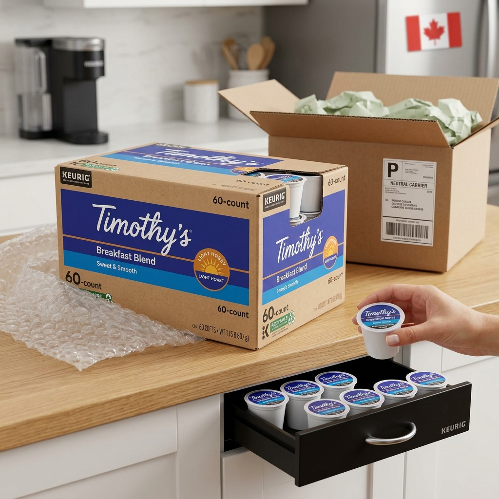Unboxing a 60-count box of Timothy's Breakfast Blend K-Cup pods with secure shipping materials.