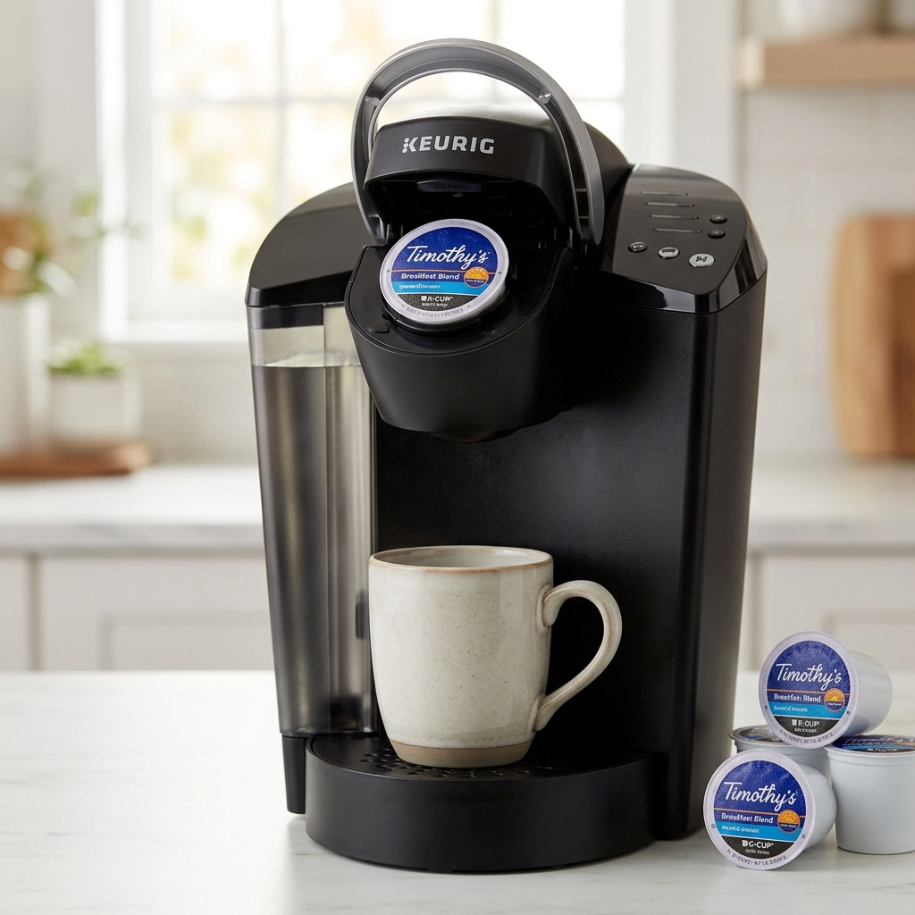 A Timothy's Breakfast Blend K-Cup pod being brewed in a black Keurig machine with a ceramic mug.