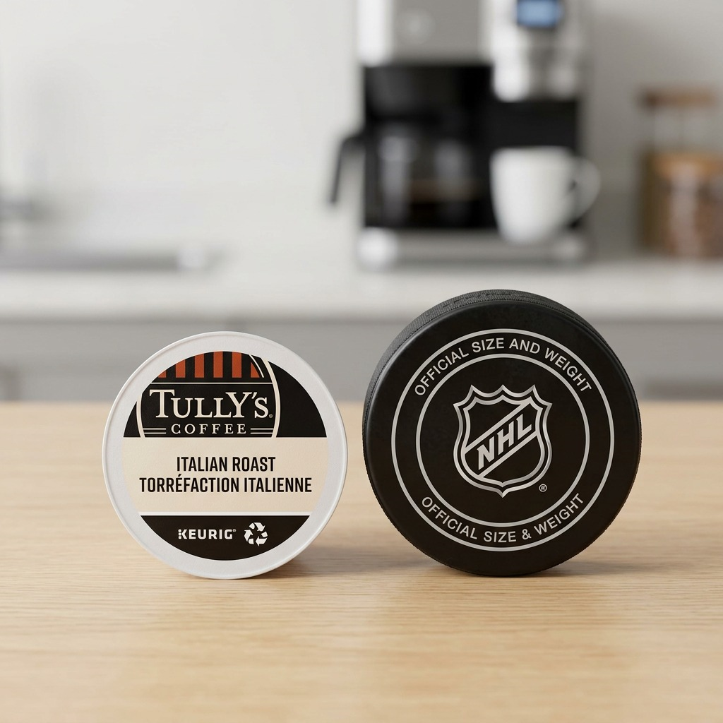 Tully's Italian Roast K-Cup pod placed beside an official NHL hockey puck for size reference.