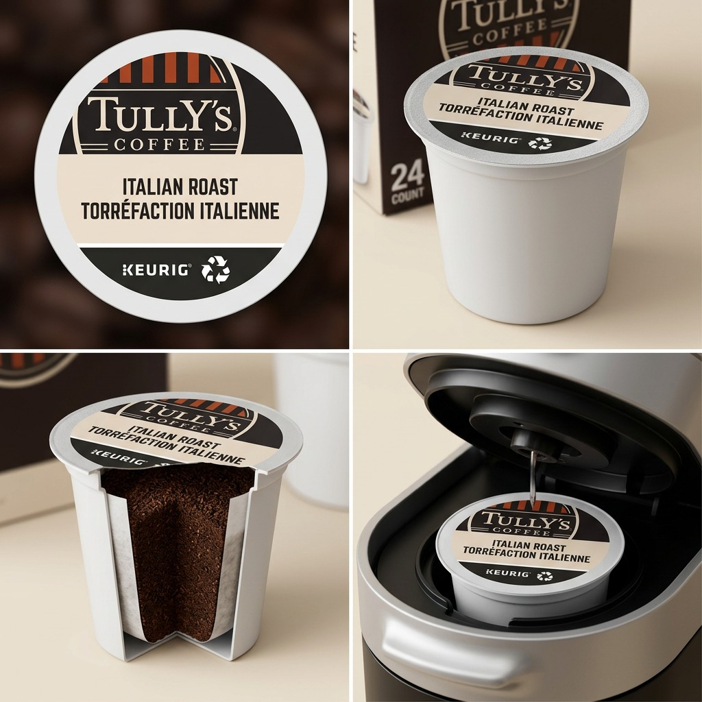 Four-panel view of Tully's Italian Roast K-Cup pods, showing the lid, pod angle, interior grounds, and insertion into a Keurig brewer.