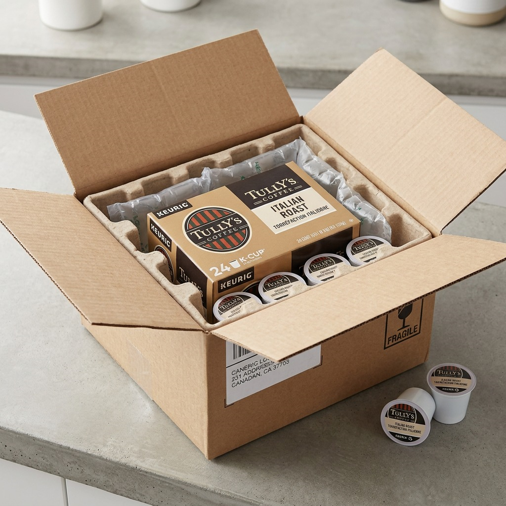 Open shipping box containing a 24-count box of Tully's Italian Roast K-Cups with protective air cushions.