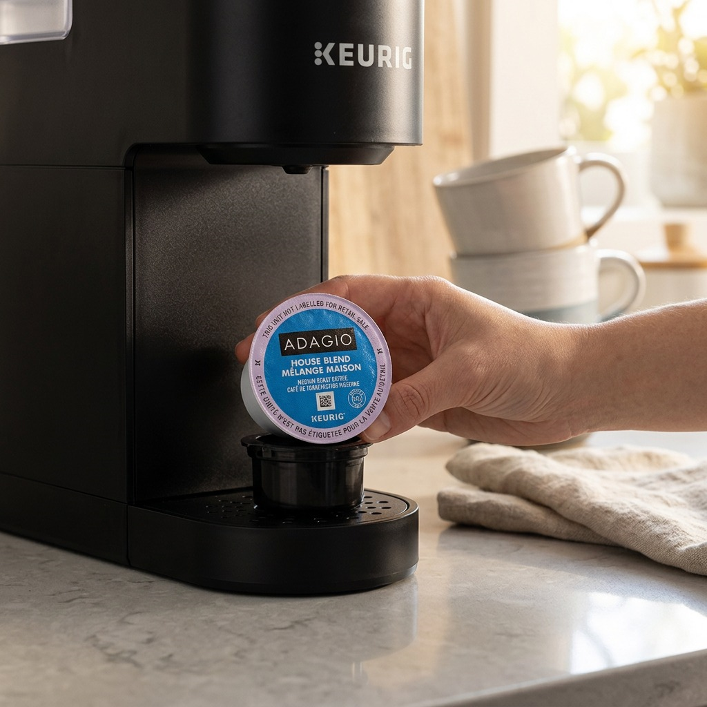 Hand inserting a Van Houtte Adagio House Blend K-Cup pod into a black Keurig coffee machine.