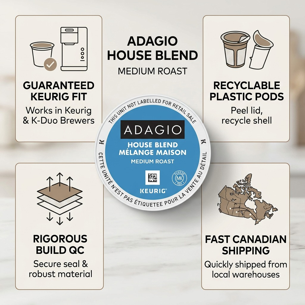 Infographic for Adagio House Blend K-Cups highlighting Keurig fit, recyclable pods, and fast Canadian shipping.