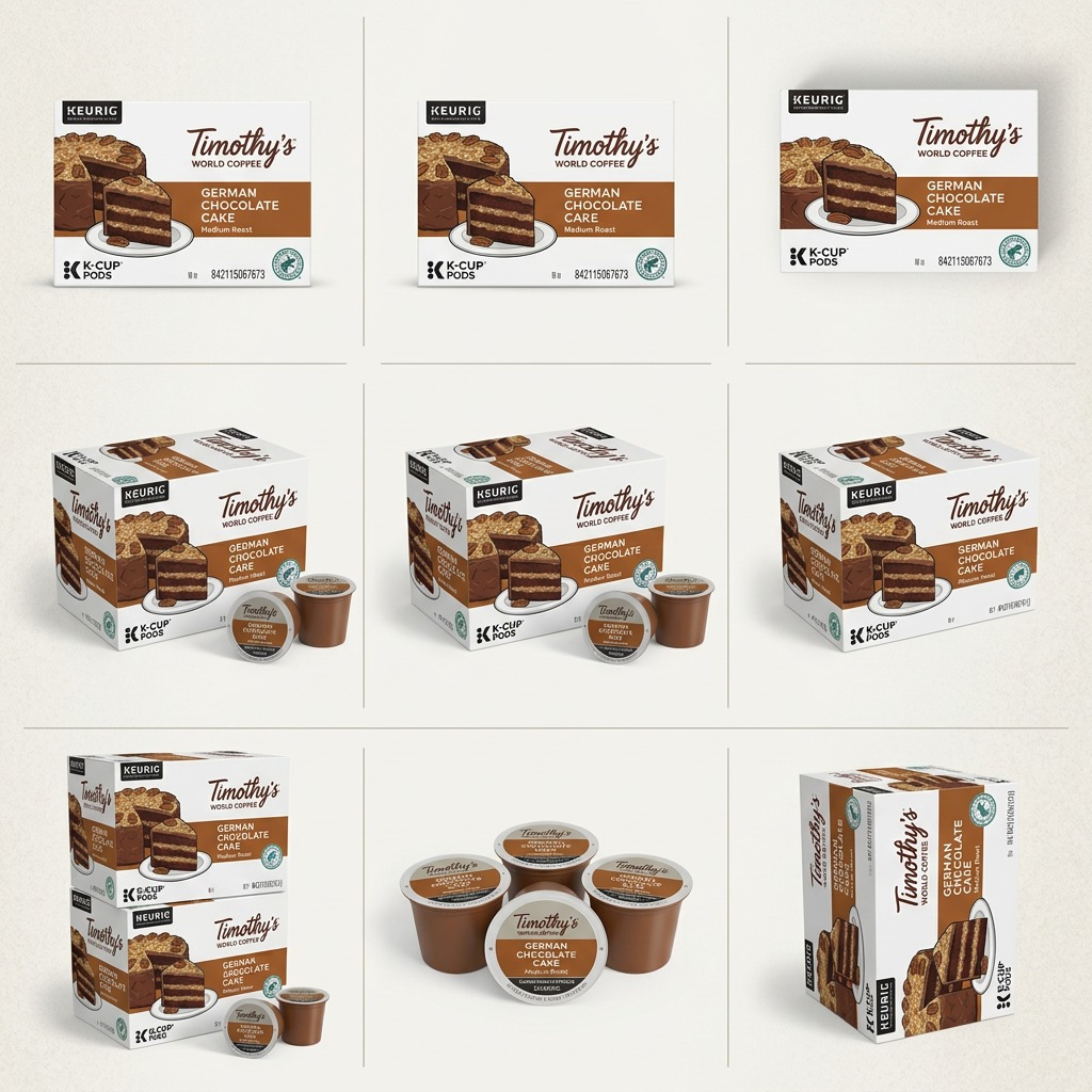 Grid showing Timothy's German Chocolate Cake K-Cup coffee pods and boxes from multiple angles.