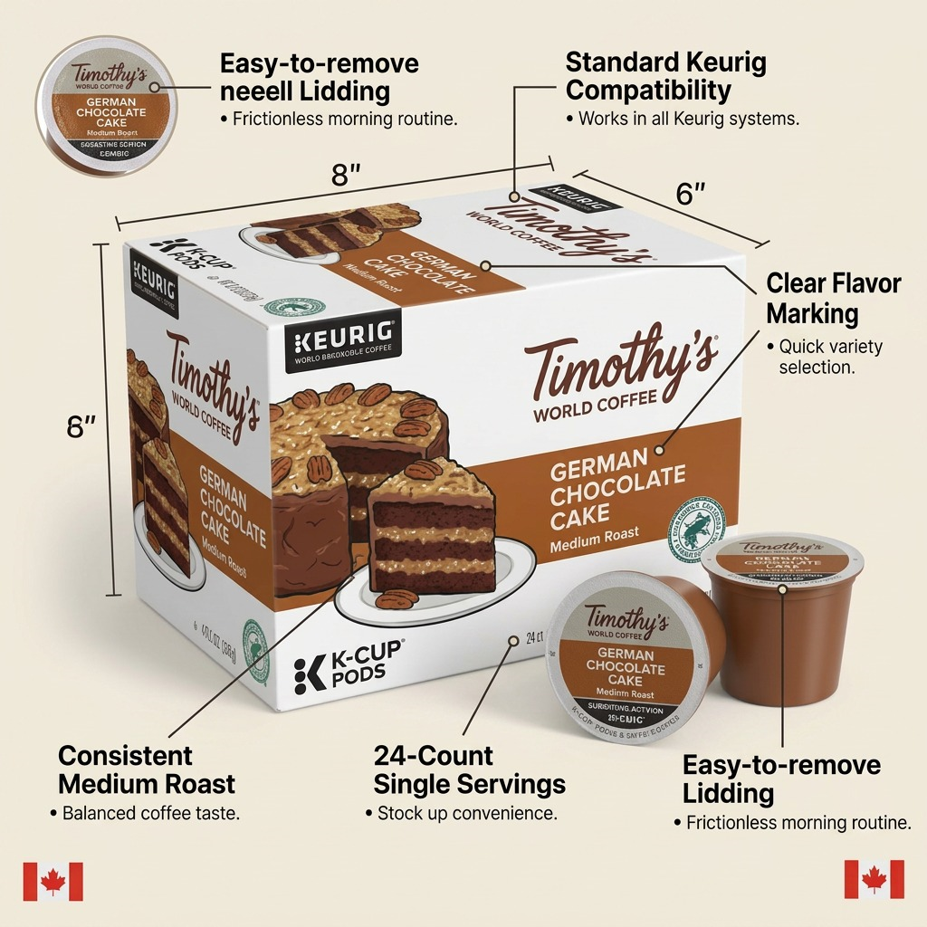 Timothy's German Chocolate Cake K-Cup 24-pack box with feature callouts for Keurig compatibility.