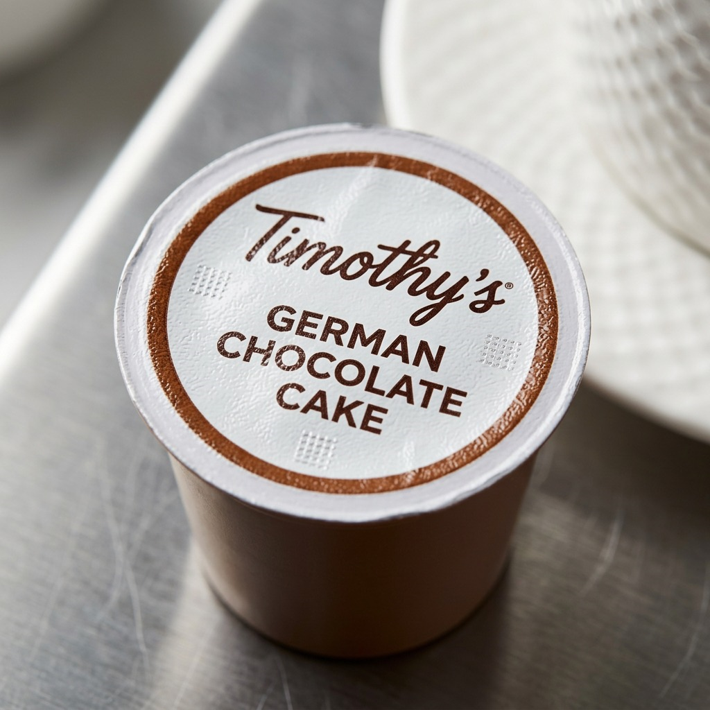 Macro detail of a Timothy's German Chocolate Cake K-Cup pod showing the textured foil lid seal.